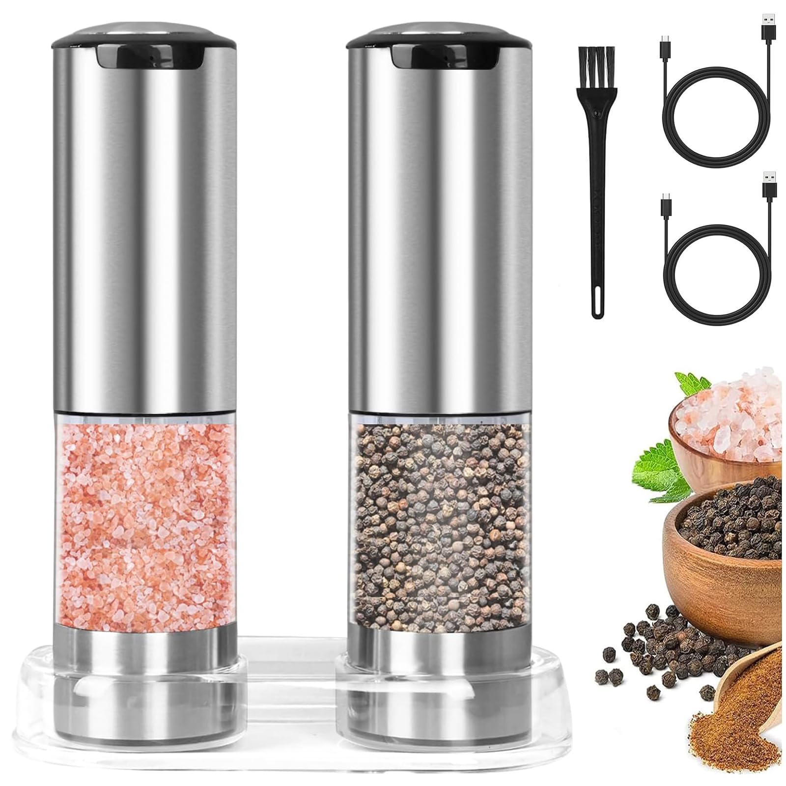 RAVEGOElectric Salt and Pepper Grinder Set, 2Pack Stainless Steel Rechargeable Pepper Grinder with Large Capacity Container, Automatic Pepper Shakers with Adjustable Coarseness, LED Light and Base