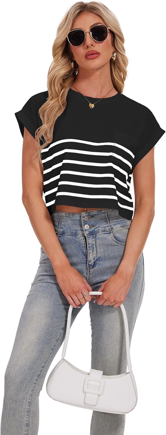 Womens Short Sleeve Cropped T-Shirts Striped Rolled Dolman Sleeve Crop Tops Summer Round Neck Casual Solid Short Basic Tees - Image 5