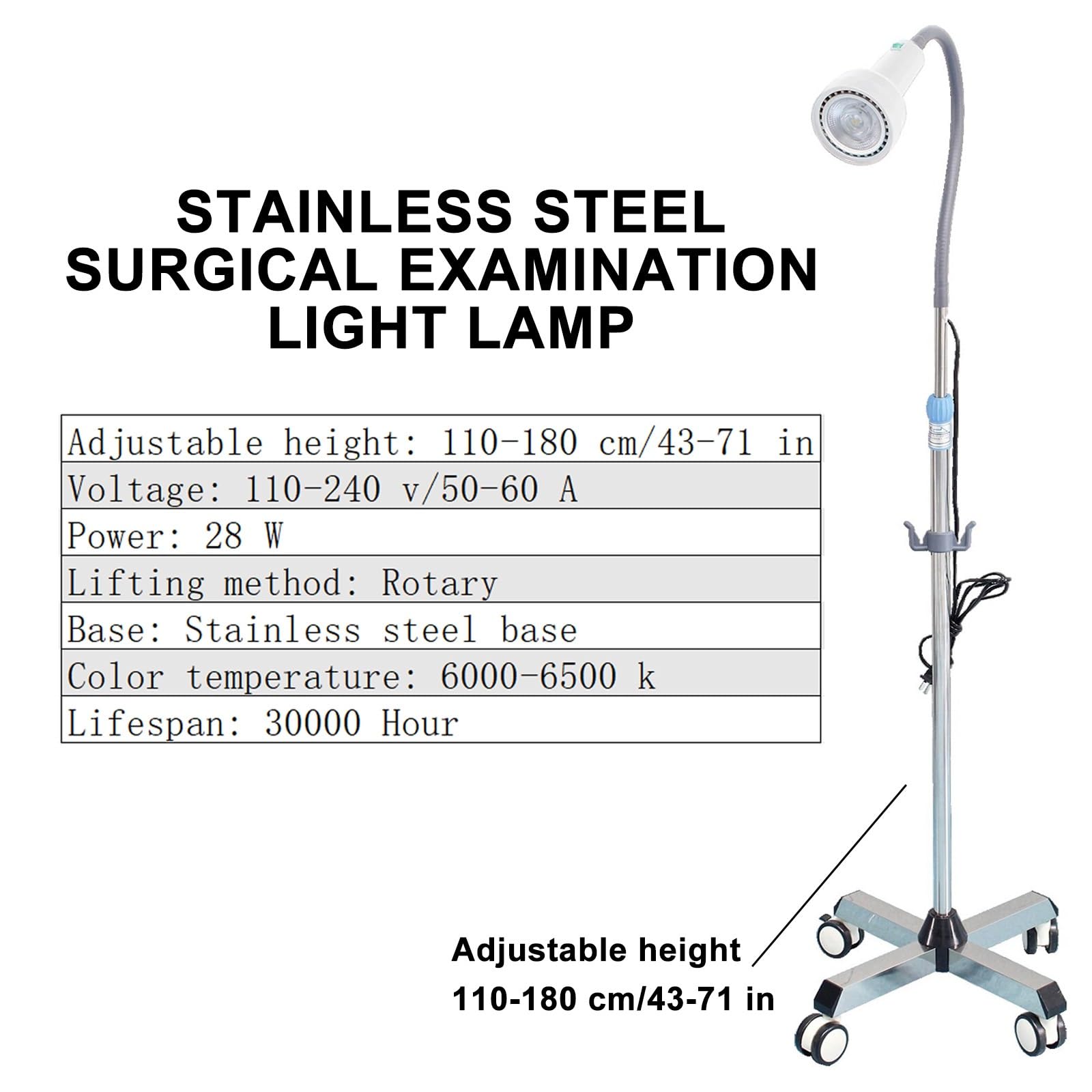 Lampada Chirurgica Dentale da Pavimento di Tipo Mobile, Lampada da Visita Chirurgica LED da 28 W, Lampada per Visita Ginecologica Flessibile a Collo di Cigno