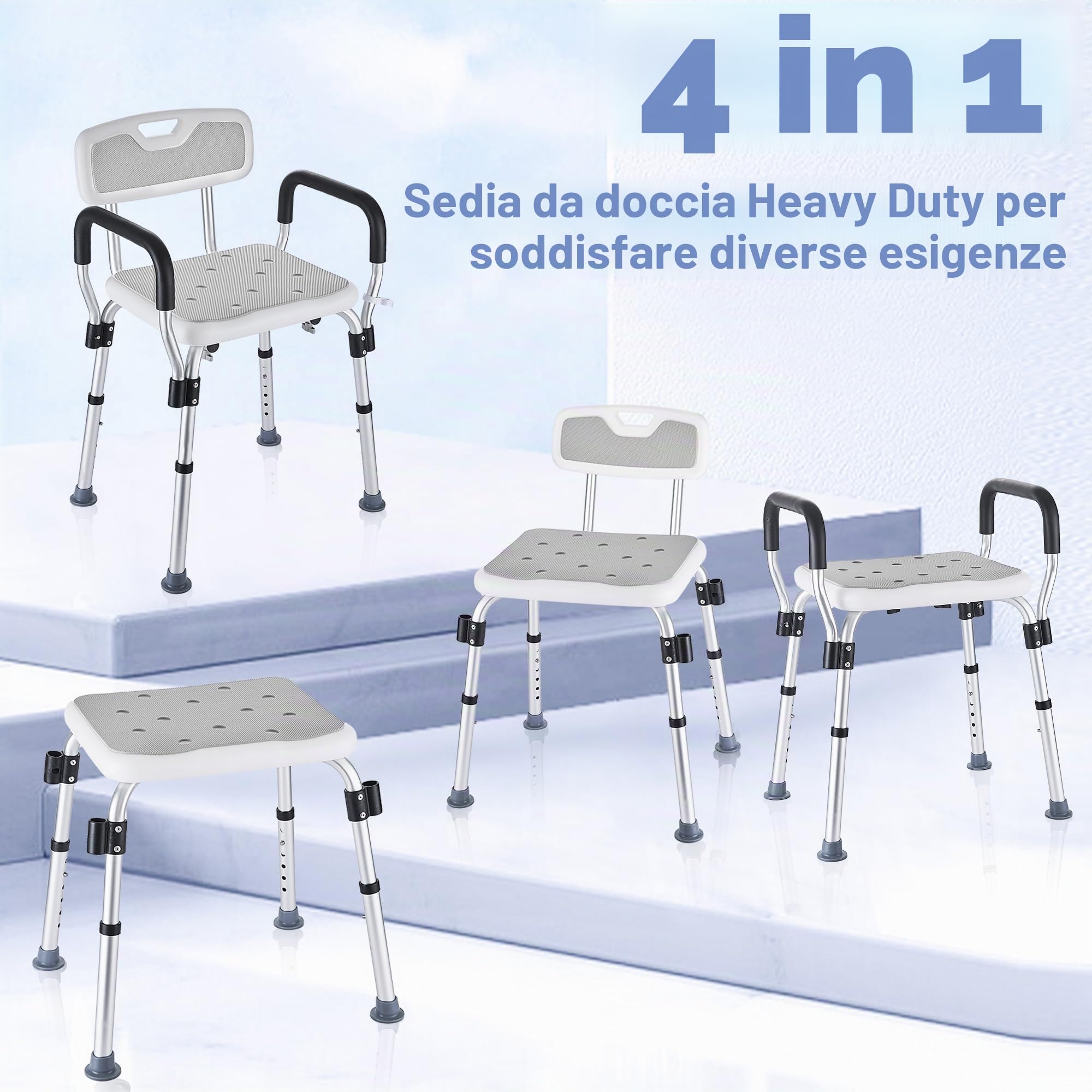 Sedia per Doccia per Anziani e Disabili, Sgabello Doccia con Braccioli e Schienale Rimovibile, Sedile per Vasca da Bagno Antiscivolo Regolabile in Altezza, portata fino a 150 Kg