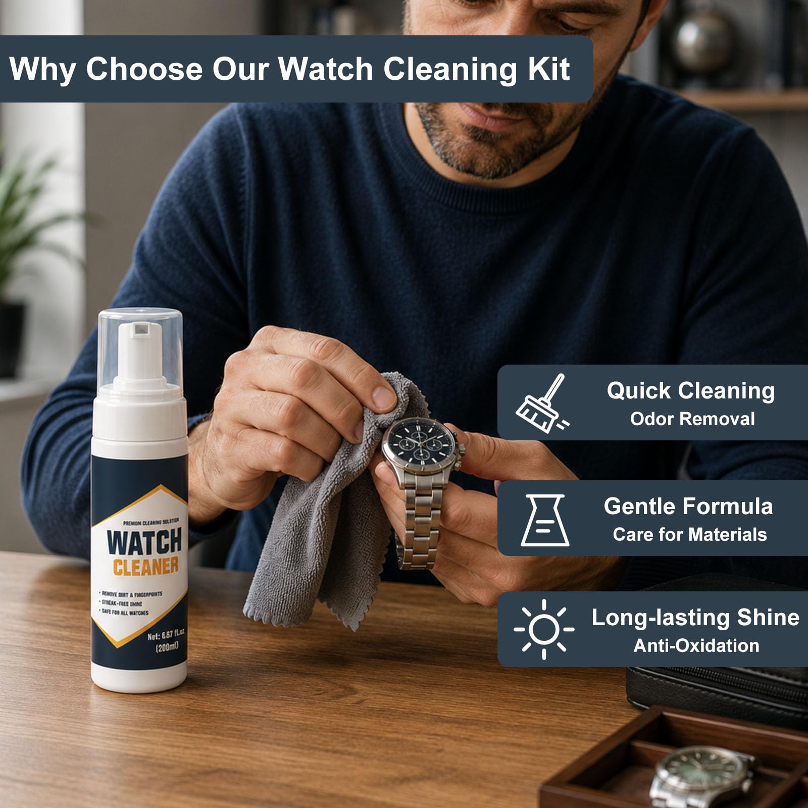 Kit di pulizia per orologi, formula delicata, rimuove sporco, impronte digitali e sudore in modo sicuro, set portatile con spray detergente per orologi e pennelli per uso domestico in viaggio