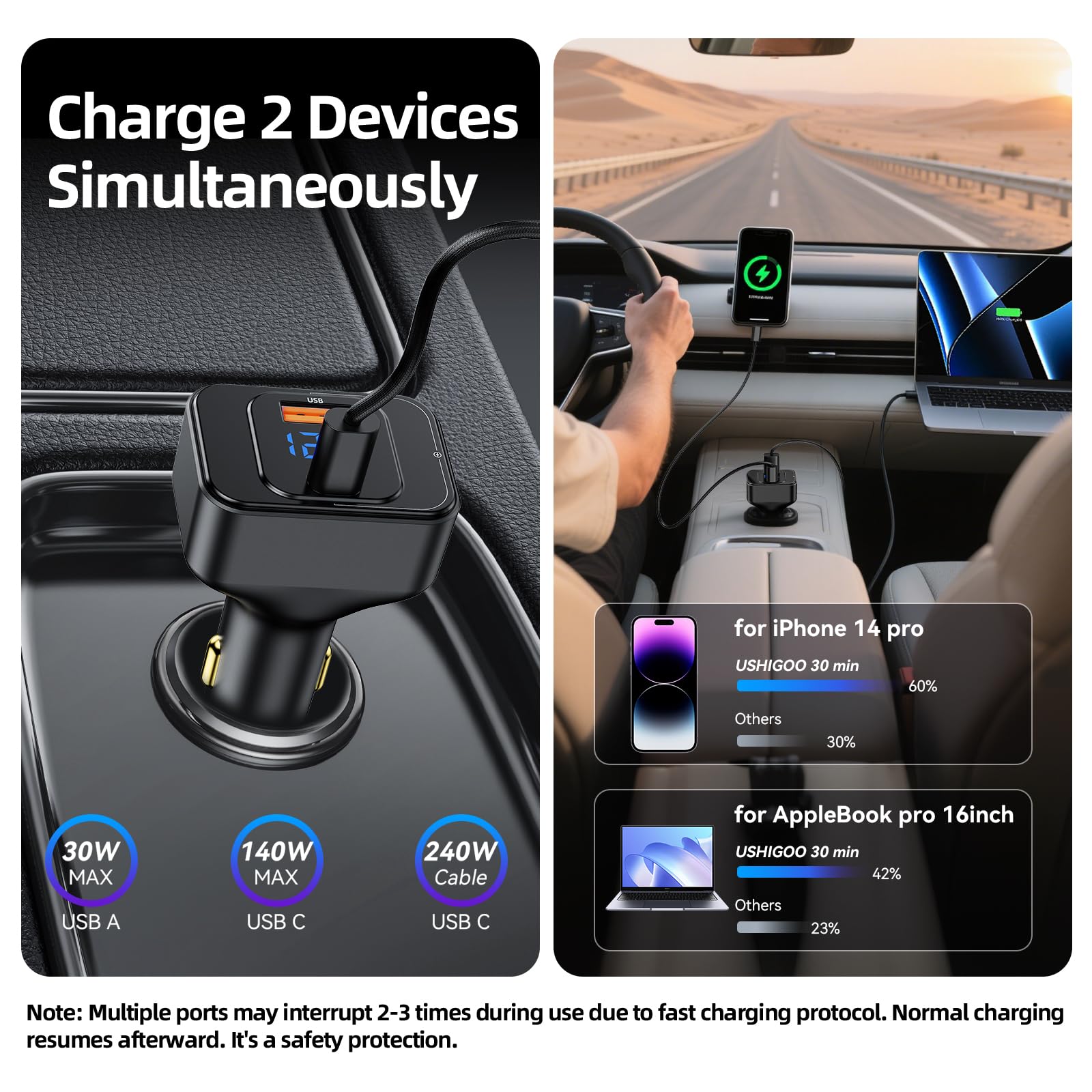 170W PD3.1 Autoladegerät mit LED-Anzeige, USB-C Stabiles Schnellladen (140W+30W) für iPhone 16 Pro Max/Samsung S25 Ultra/MacBook/Drohnen/Laptops, 12V-24V Fahrzeug Zigarettenanzünder Adapter