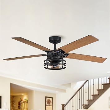 52 Inch Ceiling Fans with Lights and Remote Control, Quiet Reversible Motor | 5 Reversible Double-Sided Retro Industrial Blades Farmhouse Ceiling Fan for Bedroom Living Room Patio