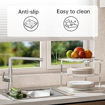 Multi Functional 3 Levels Corner Shelf Organiser Stackable Vertical Storage Rack for Kitchen Cabinets Dishes Bowls Waterproof Acrylic Shelf