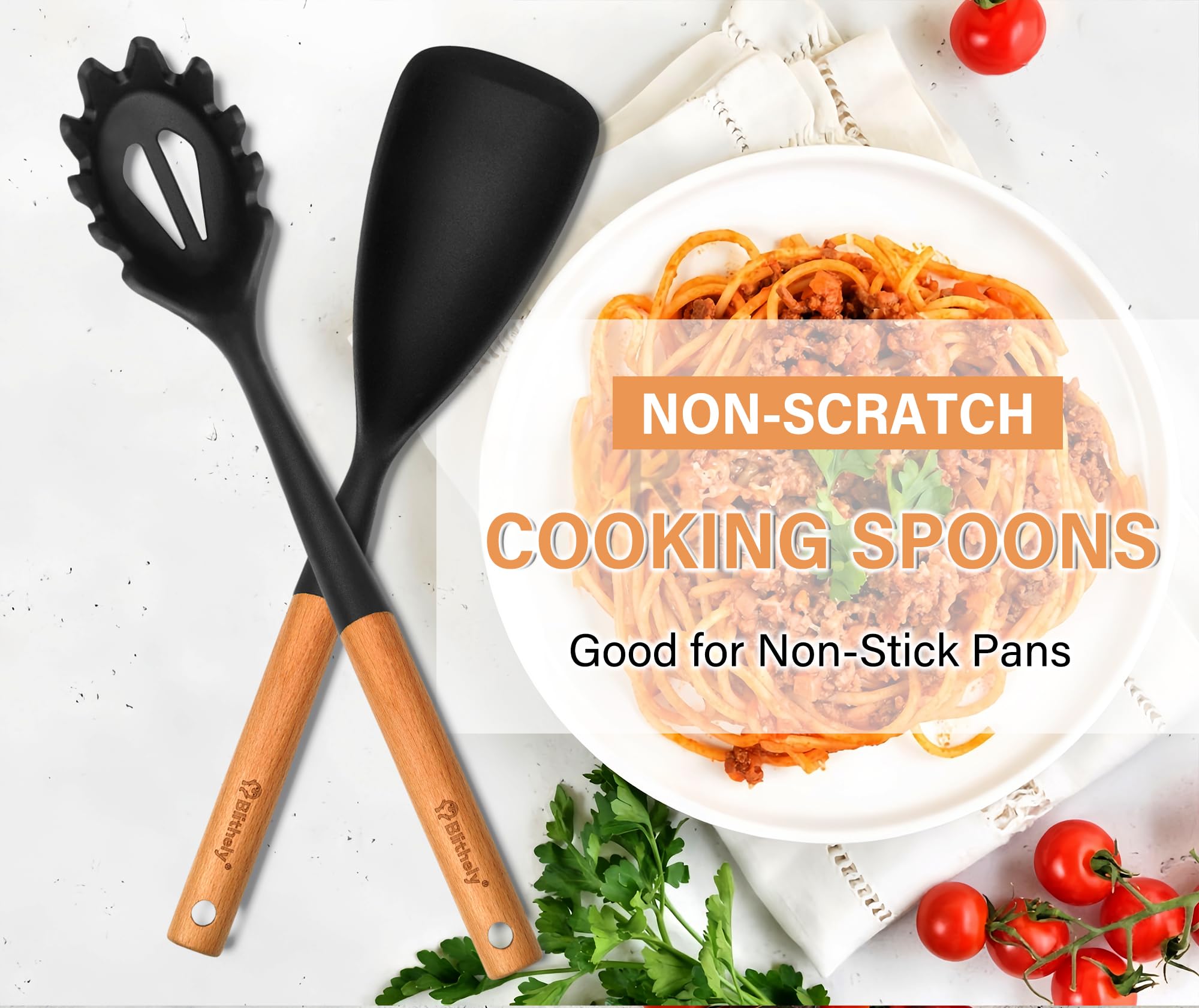 Silikon-Kochlöffel und Pastagabel-Set, 2 Stück, große Spatel, Löffel-Set mit Holzgriff, Antihaft-Multifunktionslöffel zum Kochen, Servieren, Mischen und Spaghetti (schwarz)