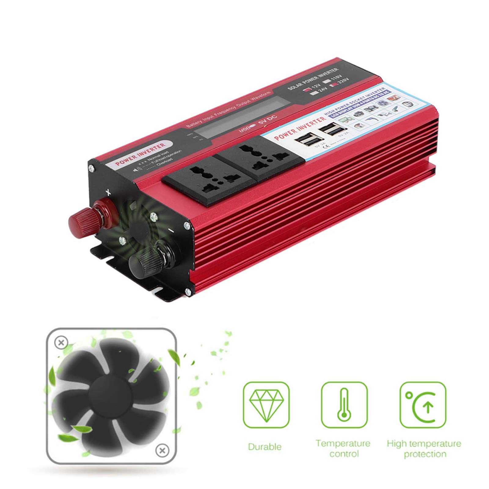 CHICIRIS Samochodowa Przetwornica Napięcia Falownik 750 W, Fala Sinusoidalna Modyfikowana Stopem Aluminium z Wyświetlaczem Cyfrowym 4 ładowarki USB, DC 12 V do 220 V 240 do Podróży Samochodem W