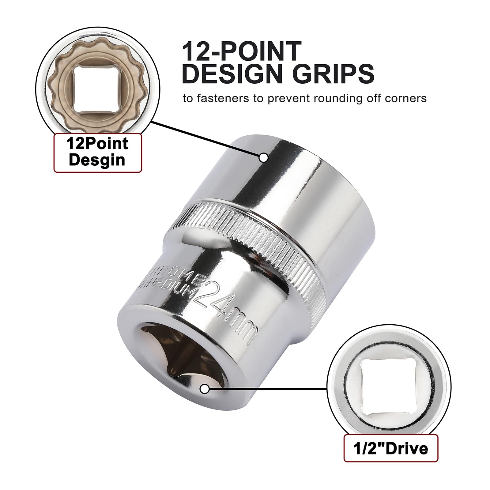 CASOMAN Set di 21 chiavi a bussola da 1/2", 8-36 mm, in acciaio CR-V, dadi a denti multipli per auto, design a 12 punti, metrico