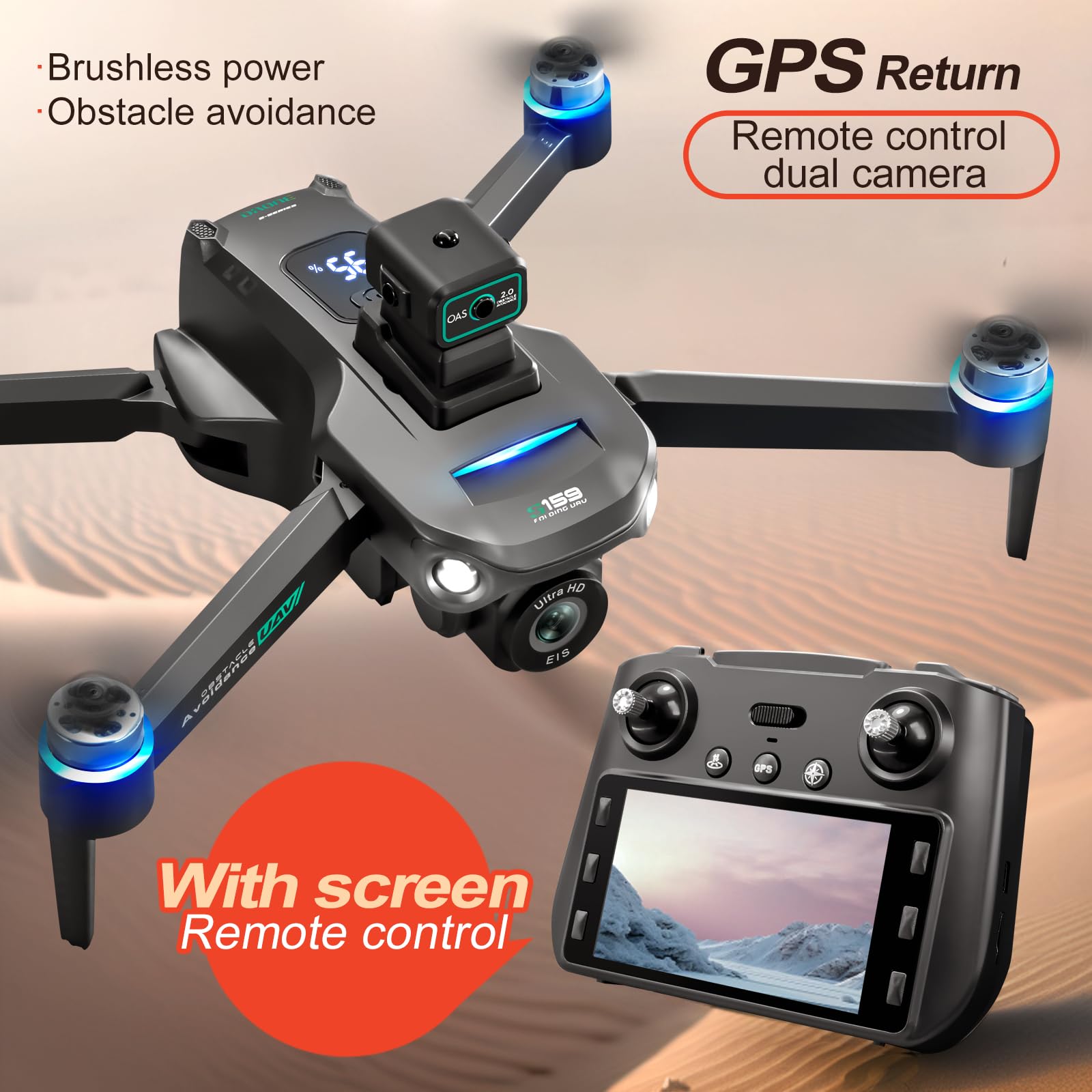 S159 Drone con Telecomando Schermo 5G e GPS, OAS 2.0 Evitamento Ostacoli, Doppia Fotocamera Elettrica HD, 25 Minuti Autonomia, Segui-Intelligente - Drone con Motori Brushless e Ritorno GPS per Adulti