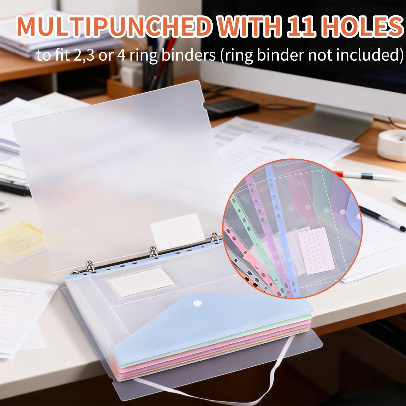 18 PCS Plastic Wallets A4, Punched Pockets Expandable Folders Plastic Document Files with Button Tab Card and 5 Ring Binders for Home Office and School - Image 4