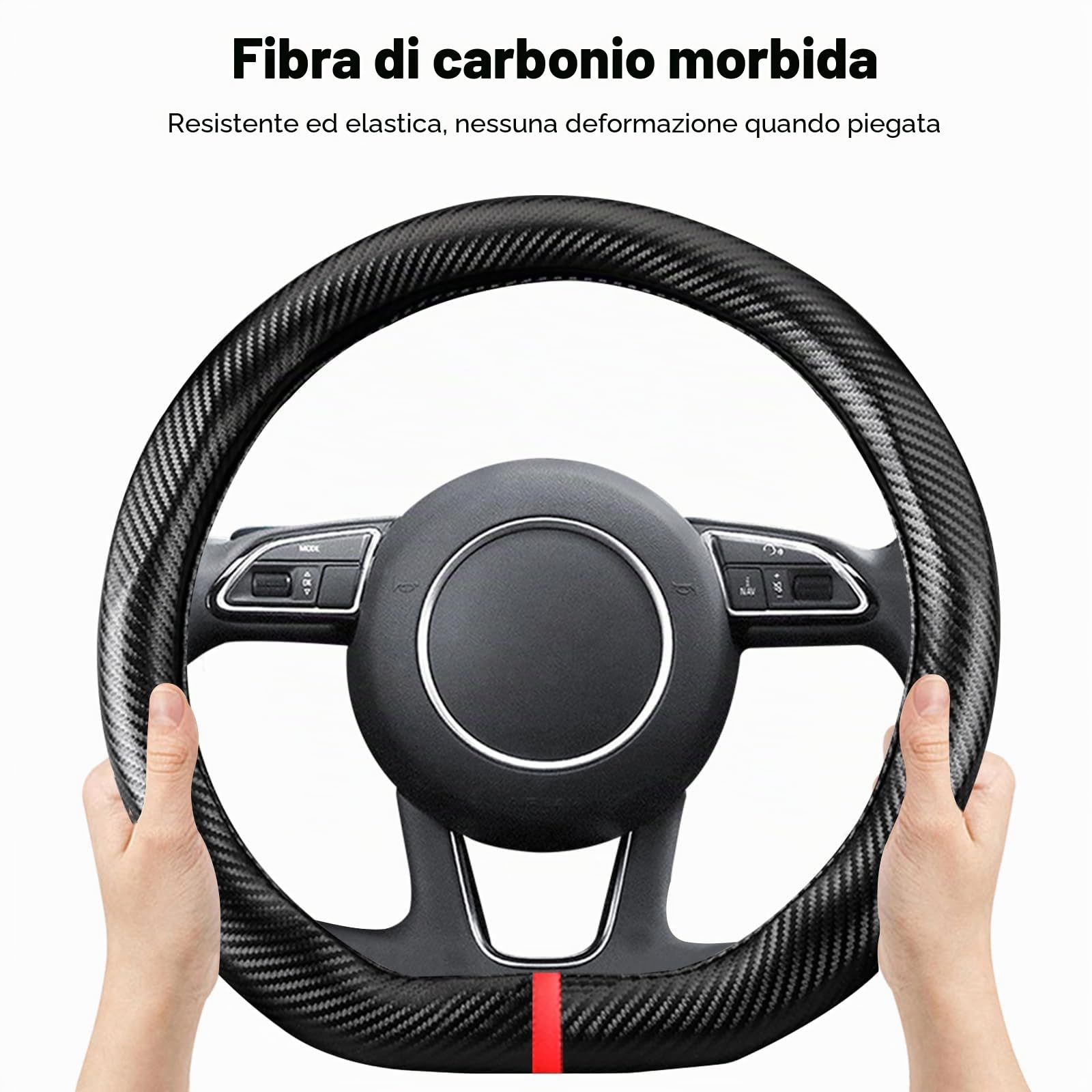Ergocar Materiale in fibra di carbonio Coprivolante Antiscivolo Traspirante Stile Sportivo Accessori Auto Interno Copertura Volante per Forma D Coprivolante Diametro 15"（37.5-38cm）-Nero Ondulazione