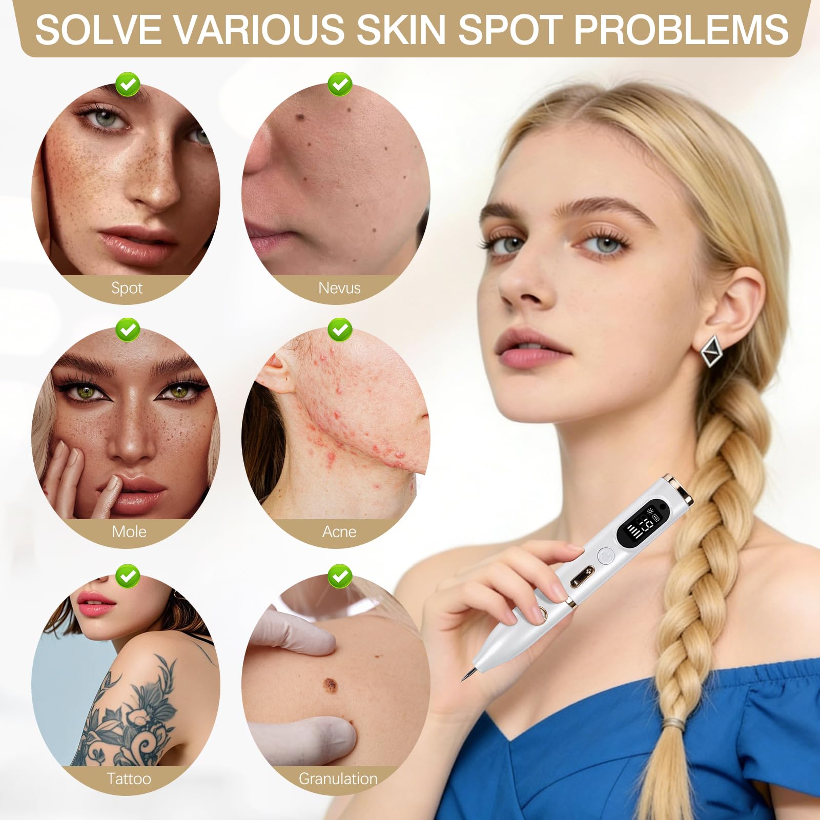 Eliminar Verrugas,Lápiz Para Eliminar Verrugas Cutáneas Lápiz Para Eliminar Lunares con Plasma 19 Niveles De Intensidad Luz LCD & USB Recargable Lápiz de Plasma para Rostro Cuerpo Verrugas Pecas Nevos
