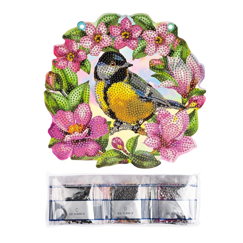 Quadro Diamond Painting Per Finestra - Doppia Faccia Con Uccellino E Cinciallegra, 20 Cm Diametro - Foto 6