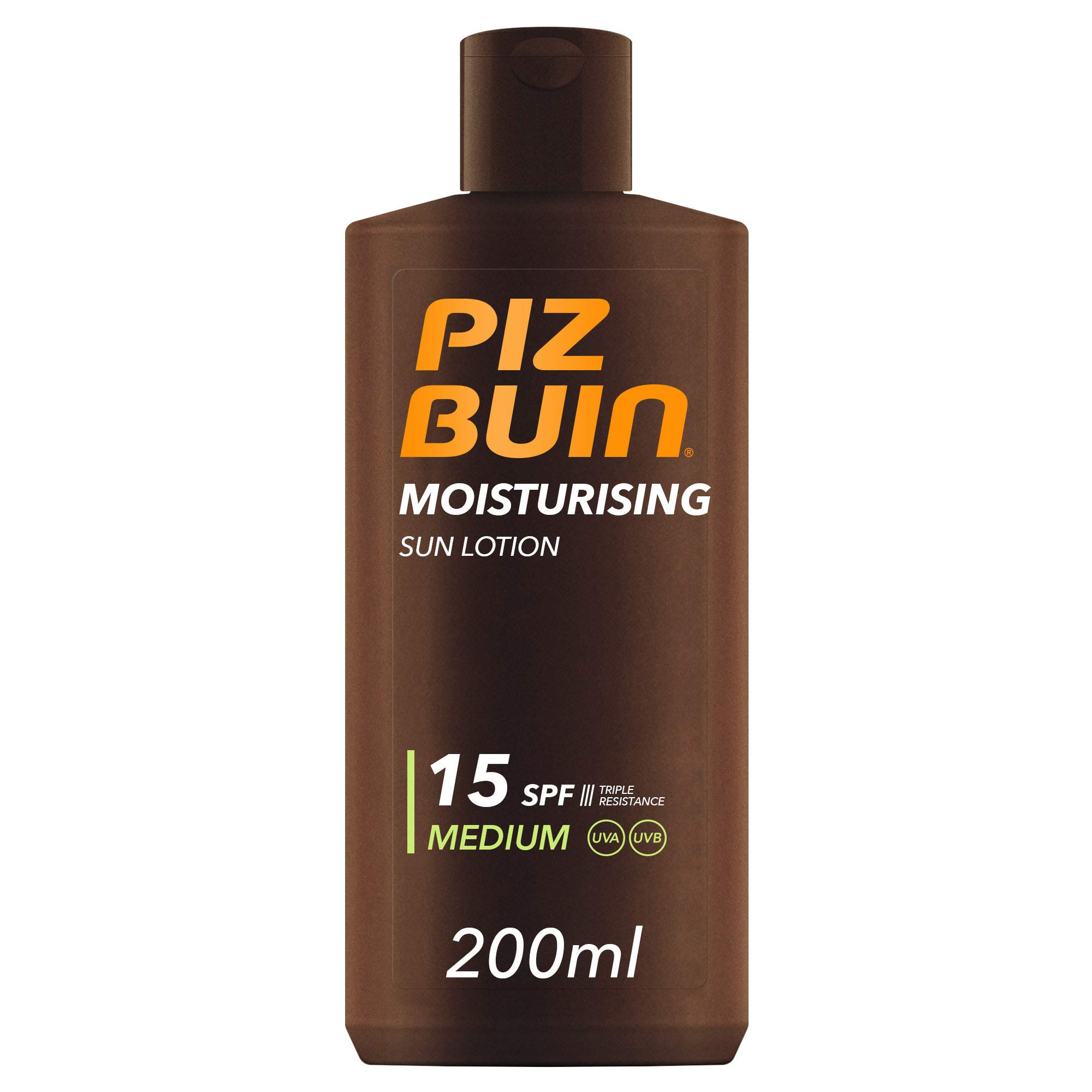 PIZ BUIN Moisturising Latte Solare SPF 15, Crema solare 15 idratante, Protezione solare 15 con filtro solare UVA/UVB e Glicerina, Latte solare SPF15 resistente all'acqua e al sudore, 200 ml