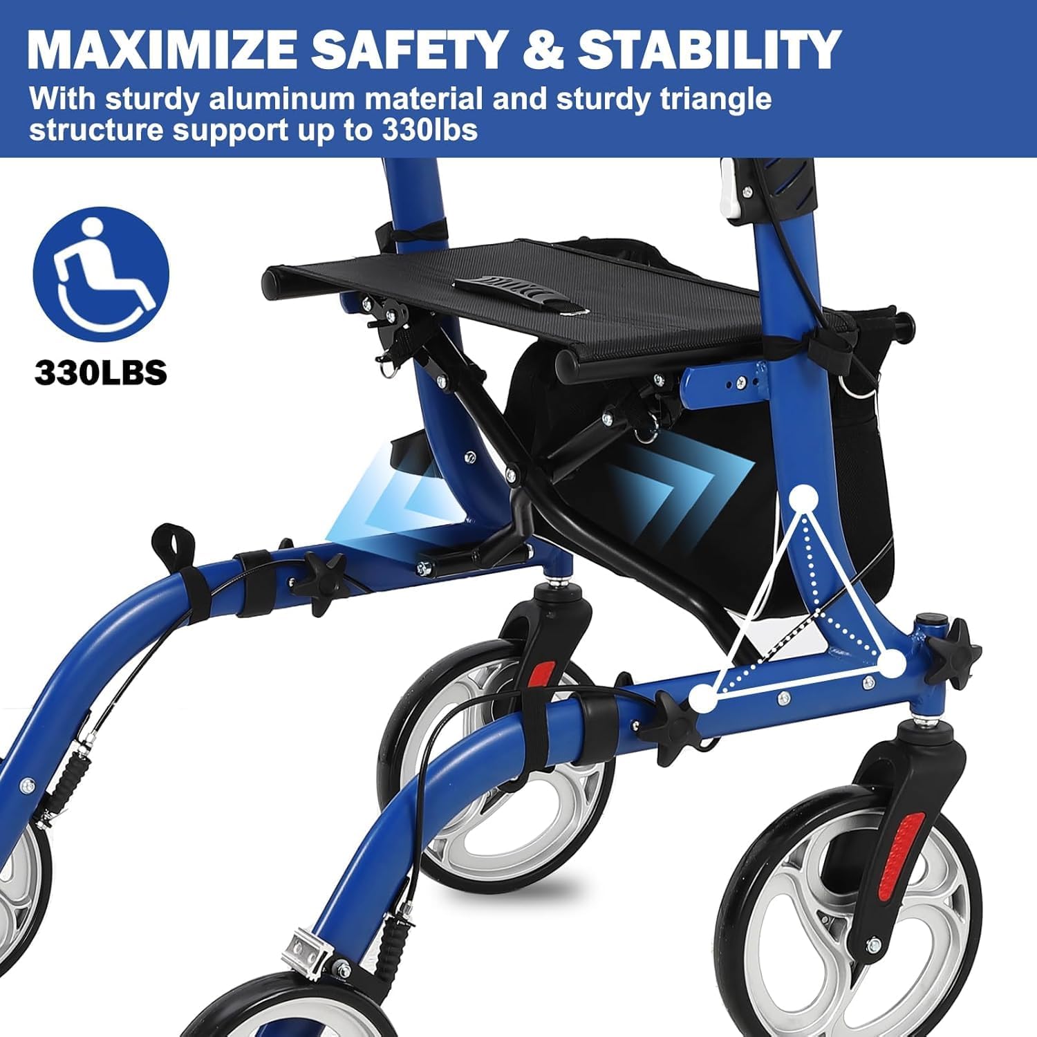 Rollator 2 in 1 per anziani - Deambulatore pieghevole leggero con freni, seduta e schienale - Ruote robuste per tutti i terreni, alluminio, capacità 150kg - Ideale per mobilità e passeggiate