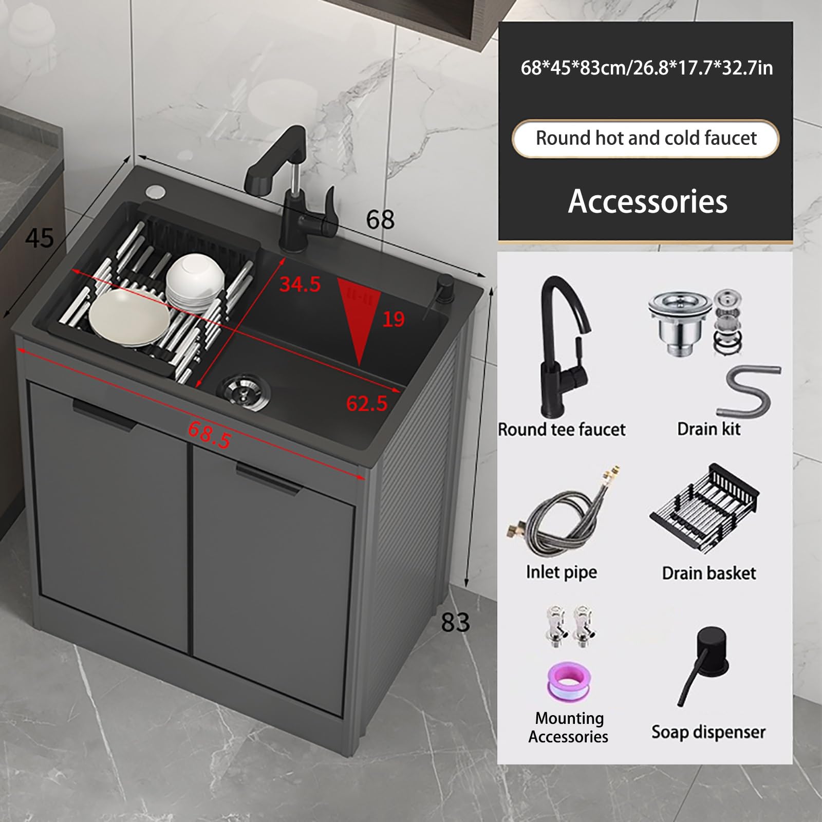 Generico Lavello Multiuso con mobiletto Combinato - Lavello da Cucina e Lavanderia con scolapiatti, Ripiani portaoggetti e Rubinetto Rotondo - Ideale per ristoranti, Garage, fattorie e Uso Interno/es