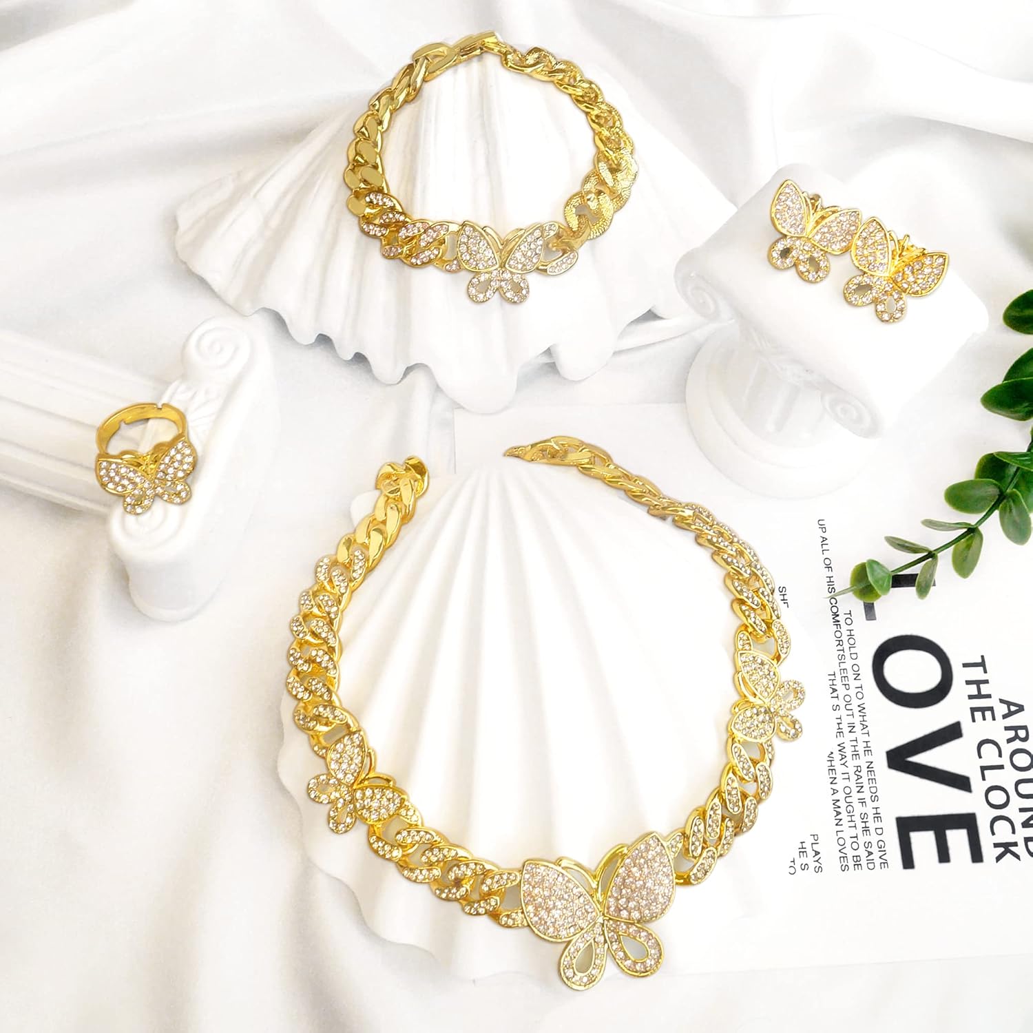 Butterfly Necklaces for Women Cuban Chain Necklace Bracelet Big Butterfly Pendant Necklace Rhinestone Cuban Link Necklace Bling Charm Butterfly Hoop Earrings for Women - Image 3