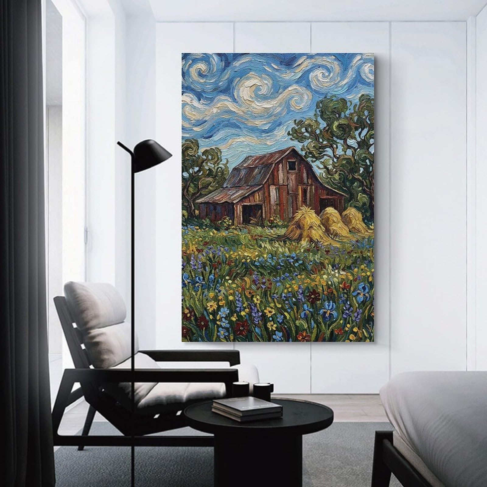 Junmoney Impressionistic Barn in A Wildflower Field Wall Picture Print 20x30inch(50x75cm), for Corridors, Hallways Or Apartment Entries, Wall Decor to Refresh Empty Corners