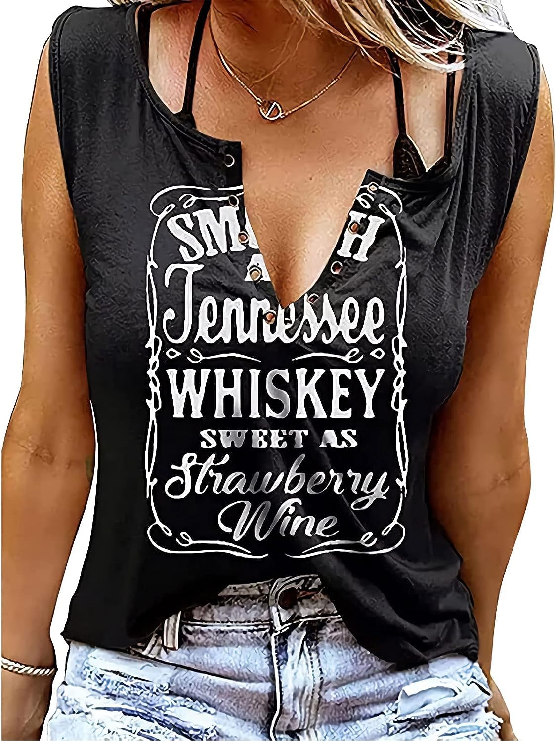 Oytto Women's Black Letter Printing Vest,Smooth As Tennessee Whiskey Sweet As Strawberry Wine V-Neck Sleeveless Tank Top (,Xxl,Xxl)