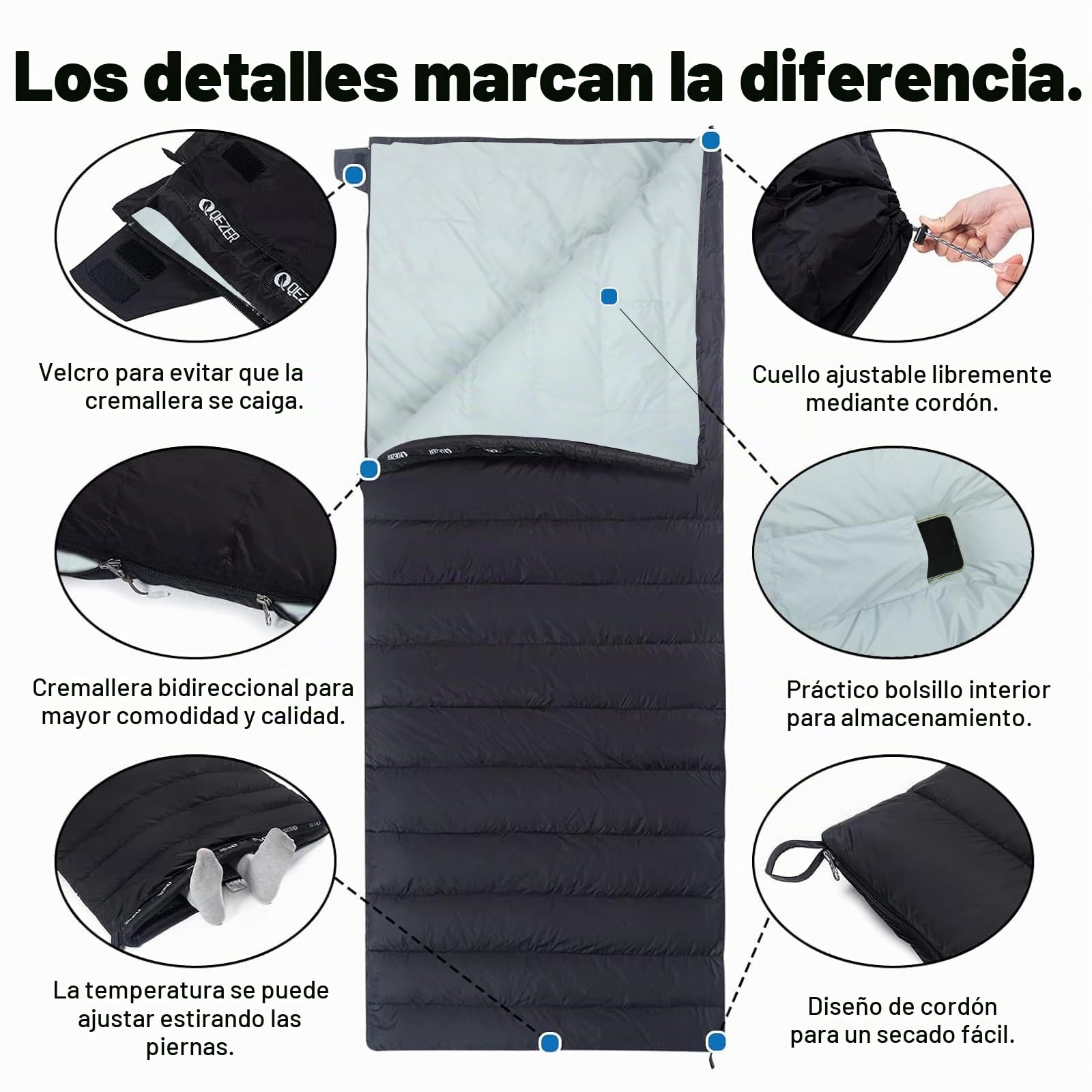 Saco de Dormir Plumón Invierno 1000g - 3 en 1, Diseño de Cámaras Térmicas sin Capucha, Compresión 40x21cm (Camping/Senderismo) - Conectable para Parejas
