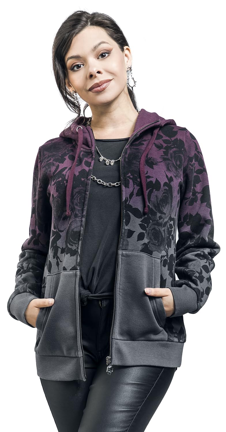 Rock Rebel by EMP Femme Veste de survêtement Gris Bordeaux avec imprimé Rose sur Tout Le Dessus et dégradé de Couleur Dip Dye