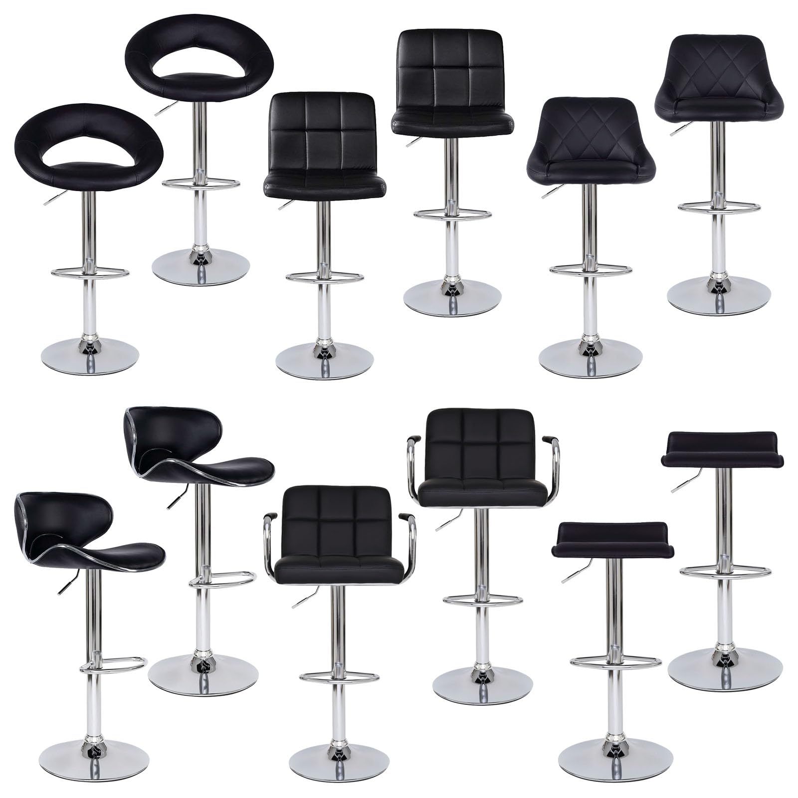 dibea Tabourets de Bar, Lot de 2, pivotants à 360°, réglables en Hauteur, supportant jusqu'à 130 kg, en Simili Cuir avec Dossier, avec Protection intégrée pour Le Sol et Repose-Pieds, Noir, Modèle 4