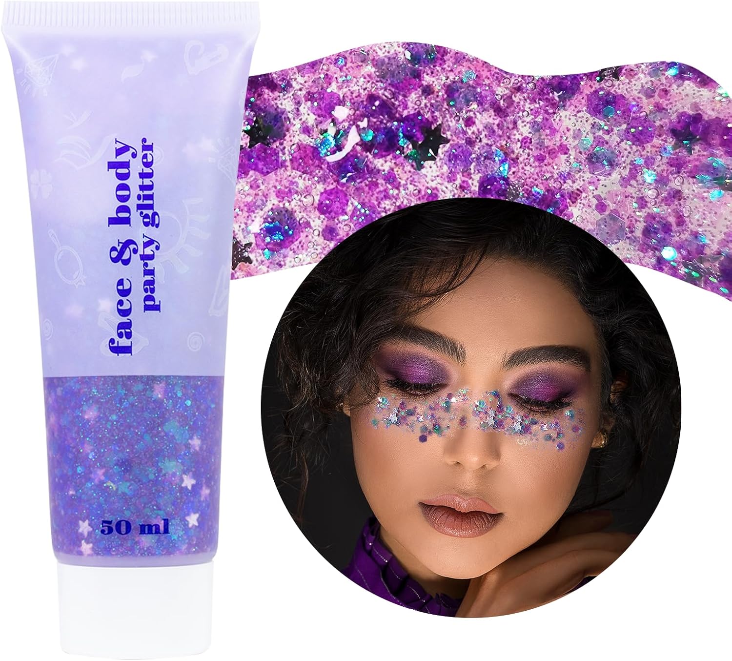 Body Glitter Gel 50ml, Mermaid Sequins Chunky Glitter Liquid Kit, Long-Lasting Glitters Powder for Festival Masquerade Birthday Makeup #Violet
