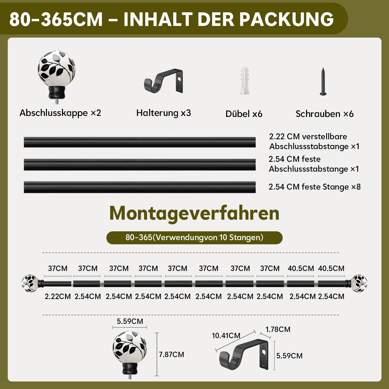 Bastone per tende nere per finestre 80-365 cm Estensibile