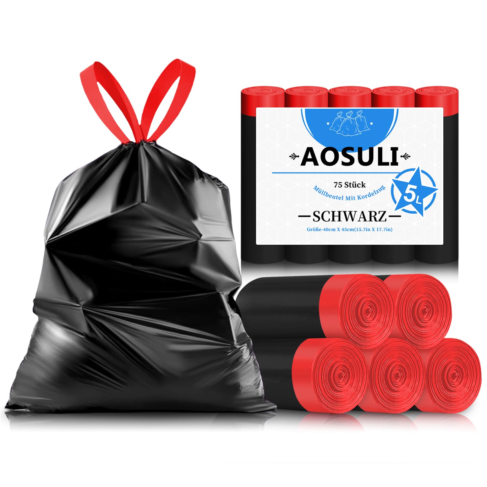 AOSULI 5L Müllbeutel Schwarz Müllsäcke mit zugband Kleine Mülltüten für Badezimmer,75 Stück Müllbeutel Kosmetikeimer