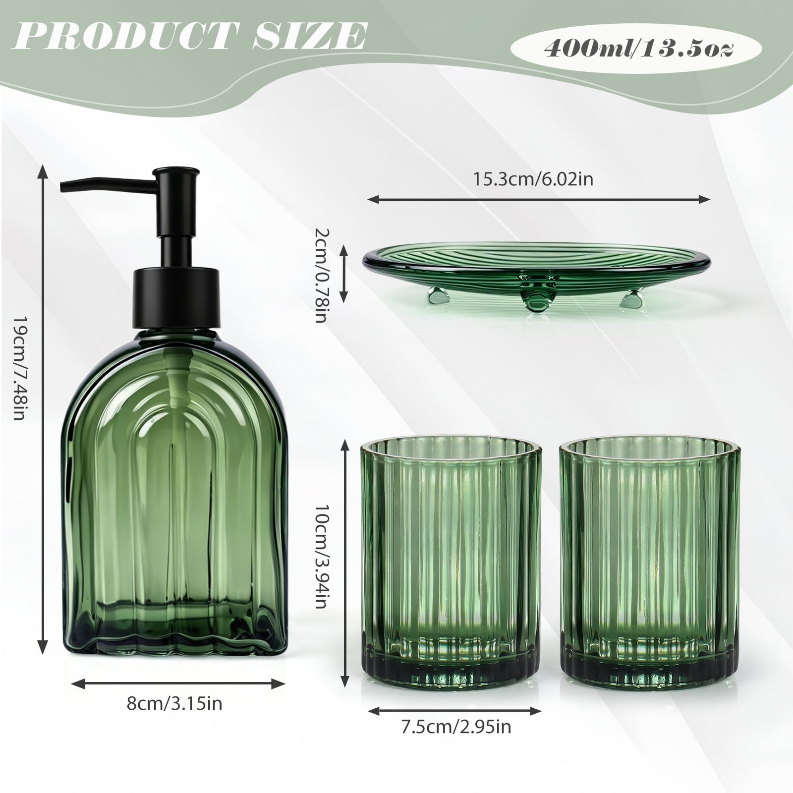 Badezimmer Set of 4 – 400ml Seifenspender, 2 Zahnputzbechern & Seifenschale | Grün Bad Zubehör Set, Badezimmer Organizer für Zahnbürsten&Wattestäbchen, Regenbogen-Muster, Edle Badezimmer Deko
