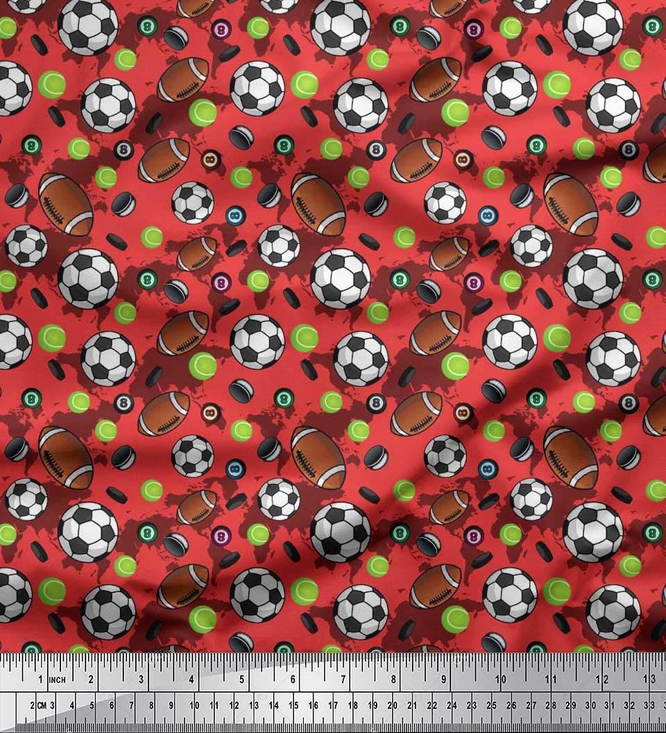 Soimoi Silk Orange Fabric - by The Yard - 42 Inch Wide - Cricket Ball, Rugby & Football Sports - Tri-Sport Extravaganza with Cricket Ball, Rugby, and Football Prints Printed Fabric
