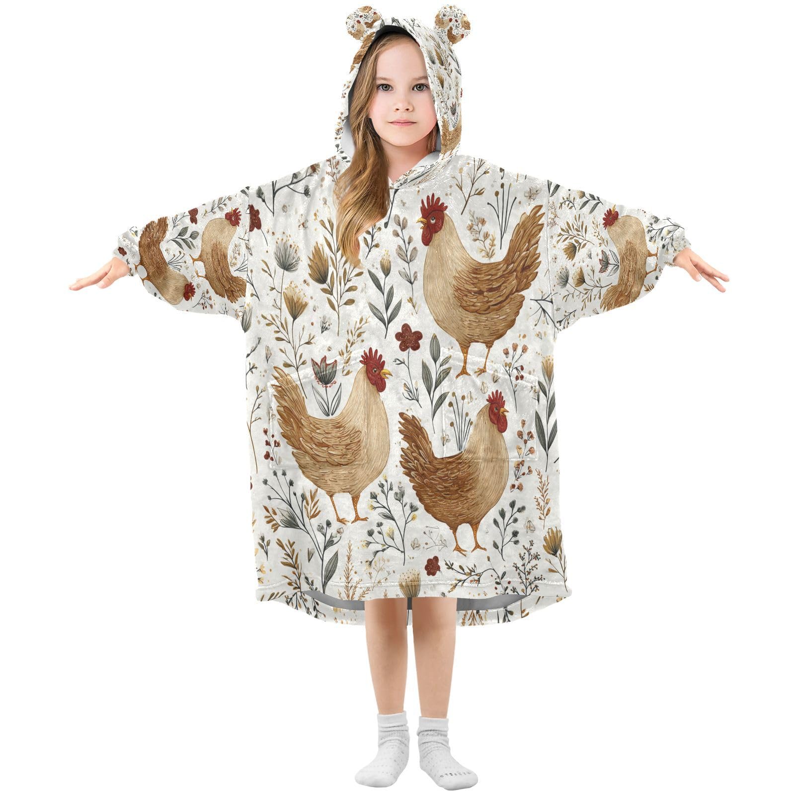 Cgiub Blue White Pattern Chickens Wearable Blanket Hoodie for Kids Warm Cozy Oversized Hooded Sweatshirt Blanket with Pocket