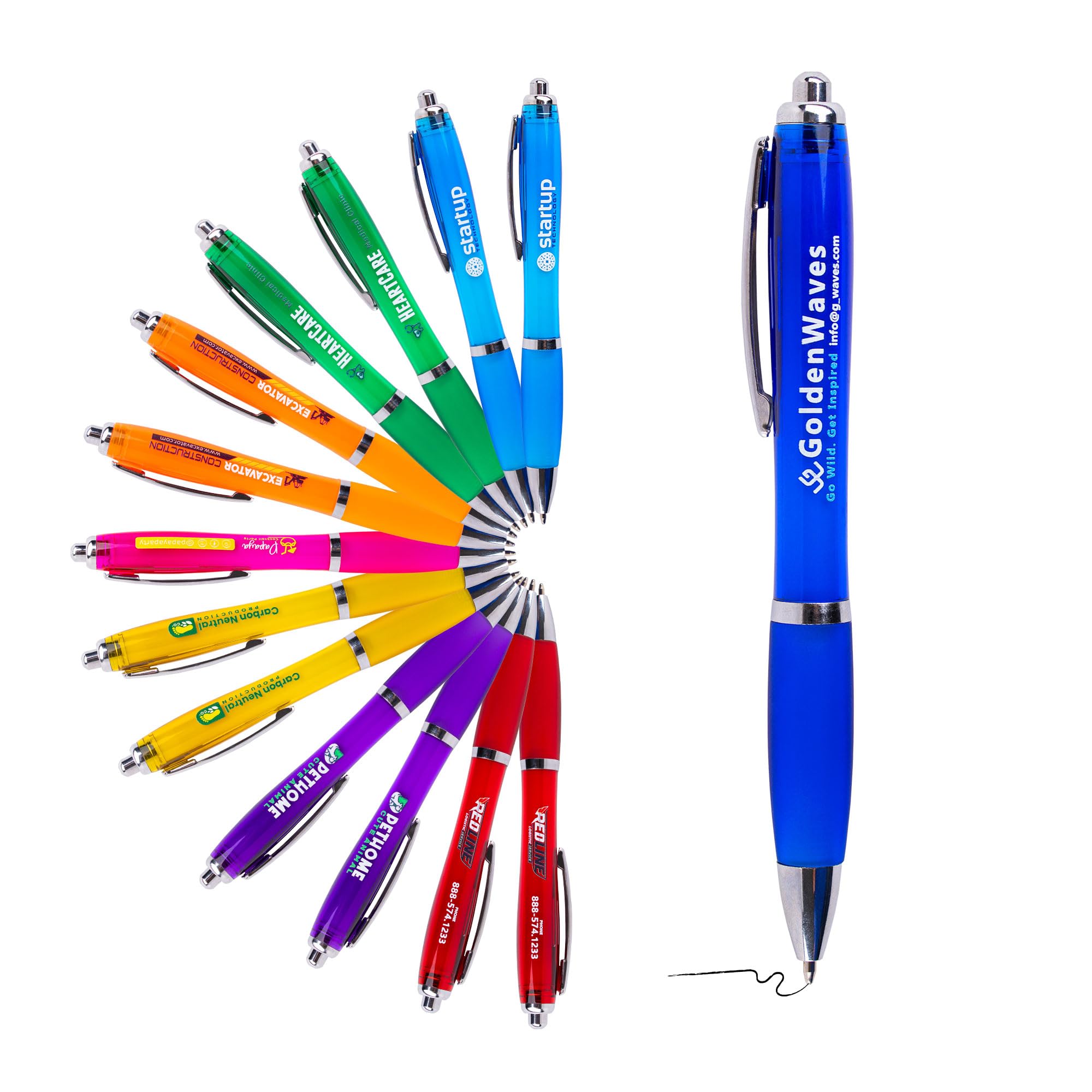 Custom Genie Color Barrel Contour Ballpoint Pens - Full Color Personalized Custom Pens with Logo - Click-Top, Colored Grip, Chrome Trim - Black Ink -