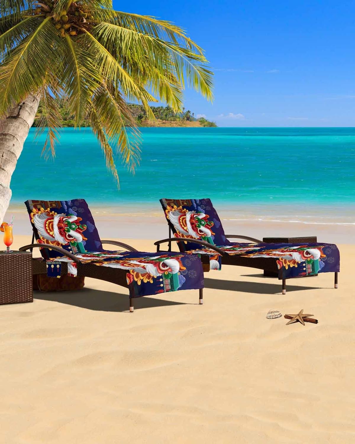 Traditional Beach Pool Patio Lounge Chaise Chair Cover Towel With Pockets,Absorbent & Quick Dry Microfiber Towel Cover Bag Summer Accessories for Sunbathing Chinese New Year Lion Dance Spring Festival