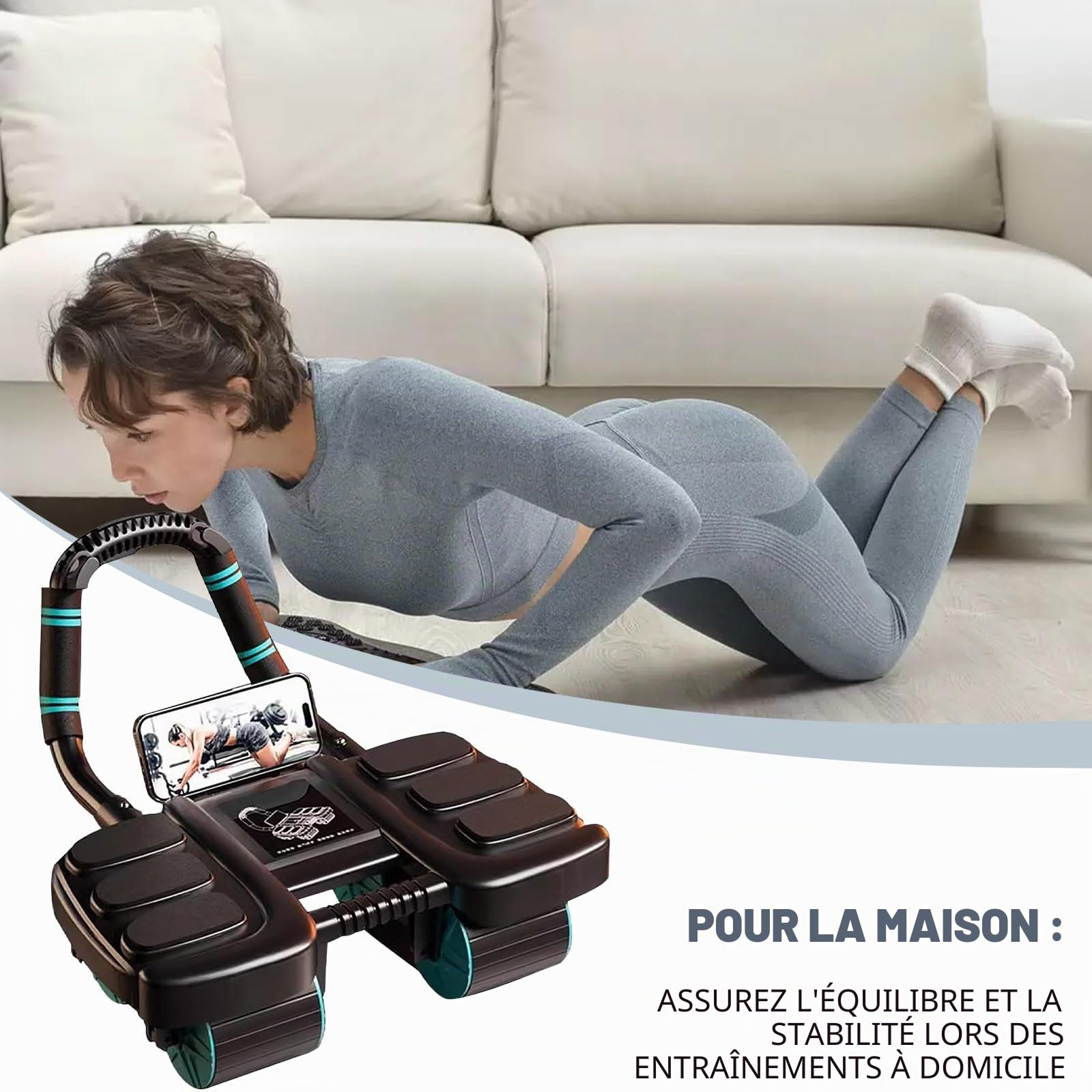 Roue abdominale d'entraînement à rebond automatique, roue abdominale avec support de coude, roue ventrale saine avec support de téléphone pour la maison, le fitness, la salle de sport