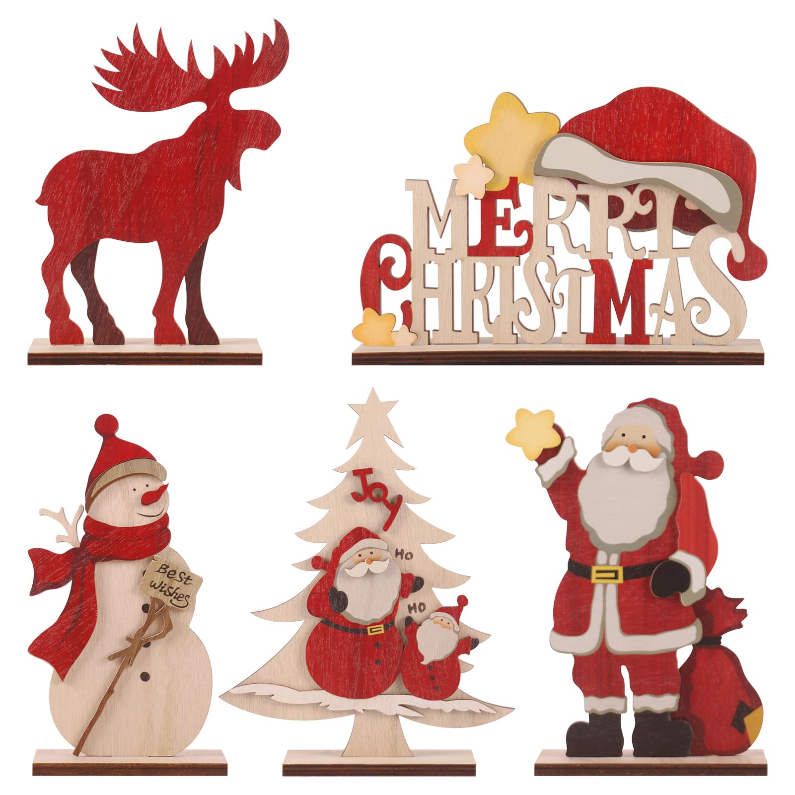 RoseCraft Christmas Decorations, Rustic Wooden Xmas Tabletop Decor, with Snowman Reindeer Xmas Tree Santa Claus Christmas Sign. for Home Farmhouse Indoor Holiday Party Decor - 5PCS.