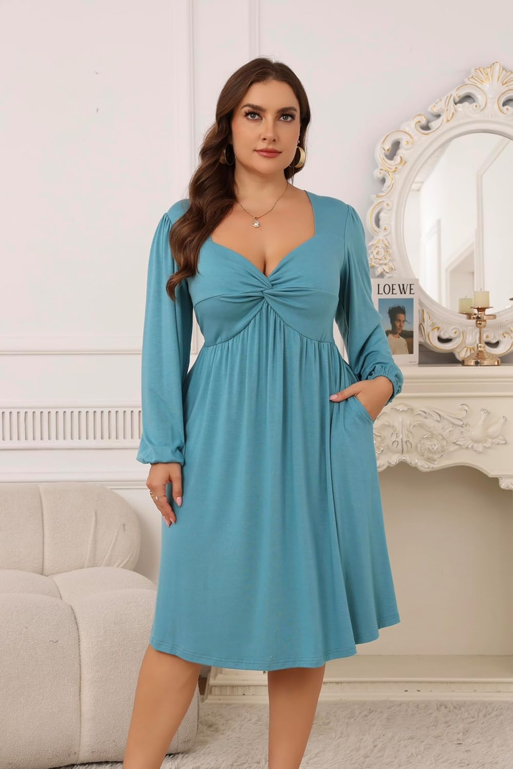 AMCLOS Women's Plus Size Square with Deep V Neck Sexy Flowy Dress Twist Knot Front 2 Pockets Long Sleeve Casual Party Work - Image 4