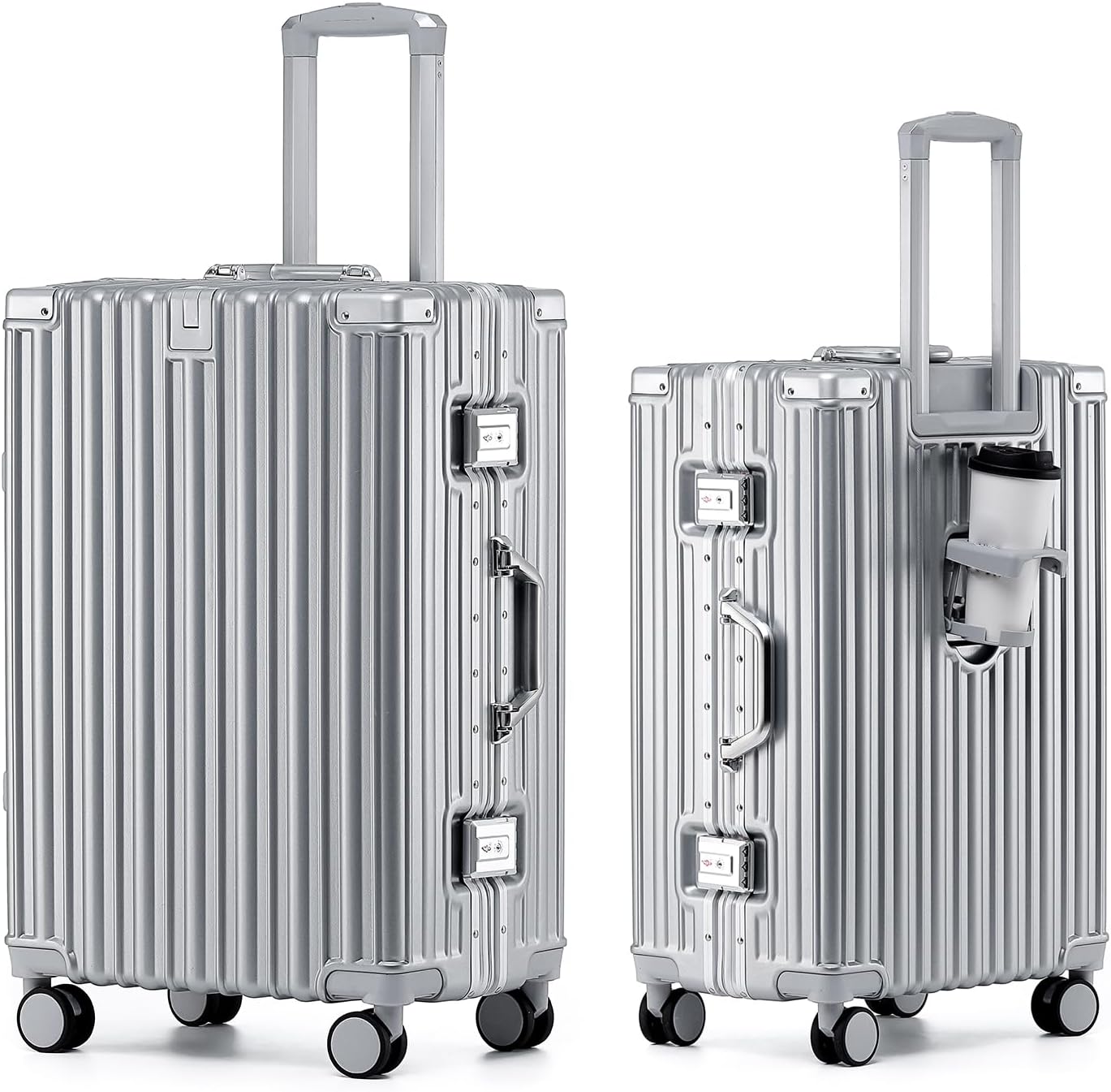 HotWay 24 Inch Aluminum Frame Luggage with Spinner Wheels, PC Hard Shell Suitcase with Cup Holder, Zipperless Luggage for Business Travel, Silver Silver (PC+Aluminum) Checked in 24inch