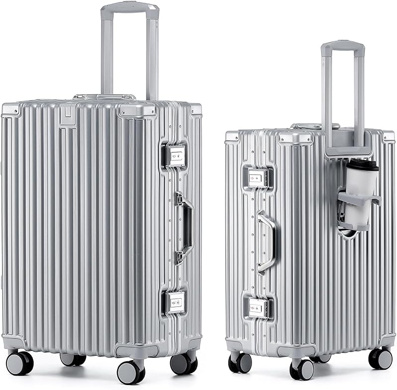 HotWay 26 Inch Checked Zipperless Luggage with Cup Holder, Silver | Checked Luggage,PC Hard Shell,Cup Holder,Zipperless,TSA Locks,Spinner Wheels,For Long Trip,Silver