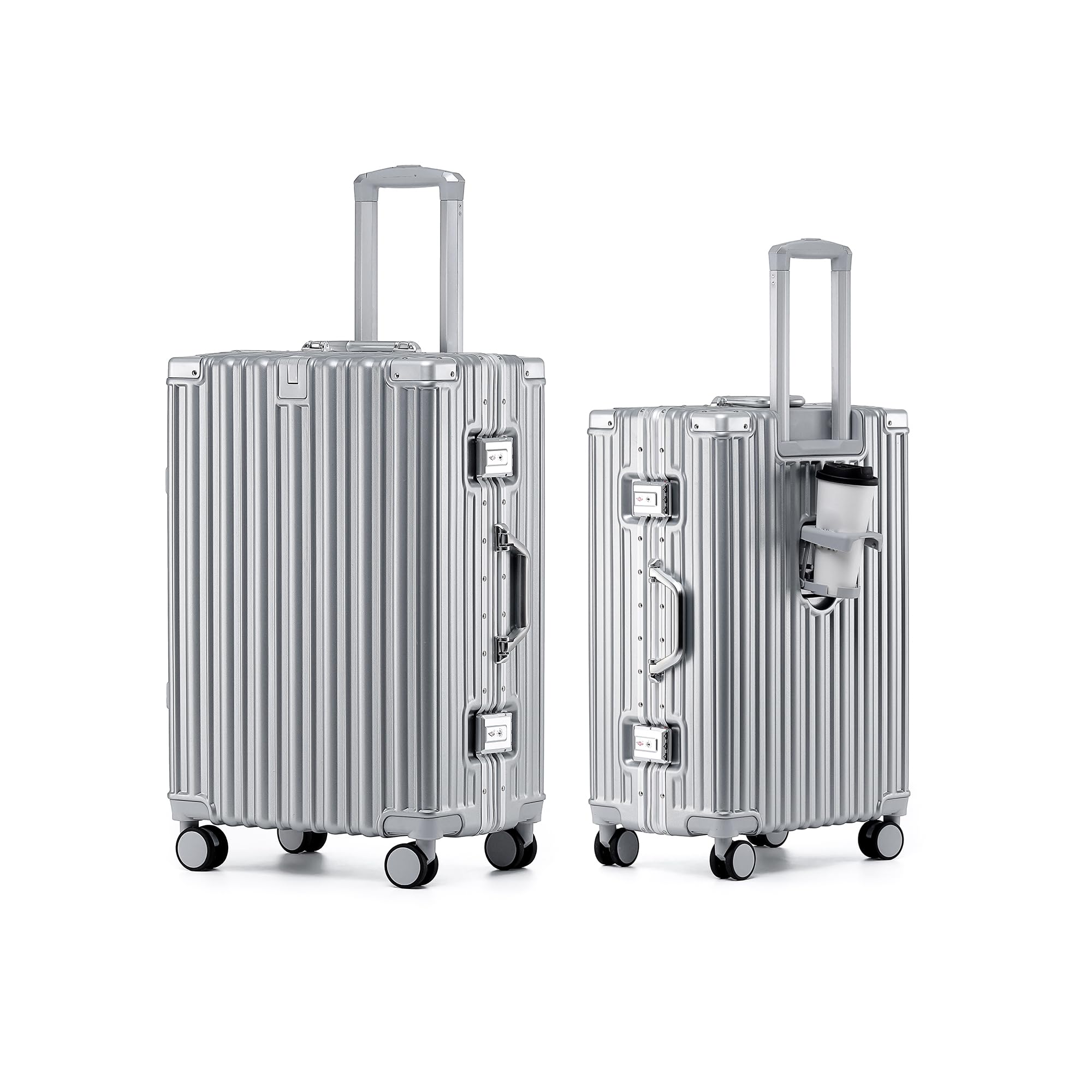 HotWay 24 Inch Aluminum Frame Luggage with Spinner Wheels, PC Hard Shell Suitcase with Cup Holder, Zipperless Luggage for Business Travel, Silver