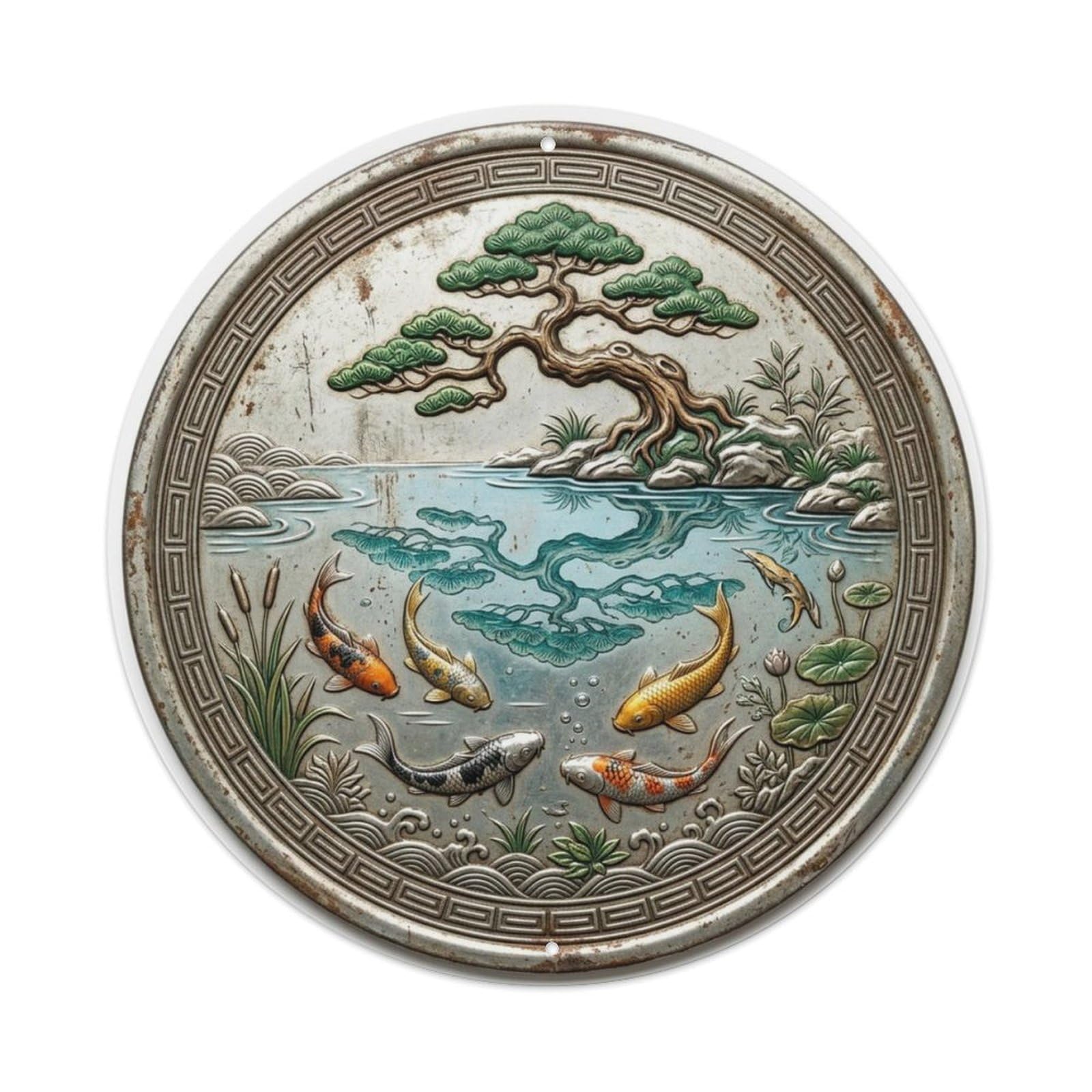 Bonsai Reflection Window Koi Fish Metal Tin Sign Plaque Wall Decor for Cafe, Club Bar, Office, Home Garden Round Metal Poster 8x8Inch