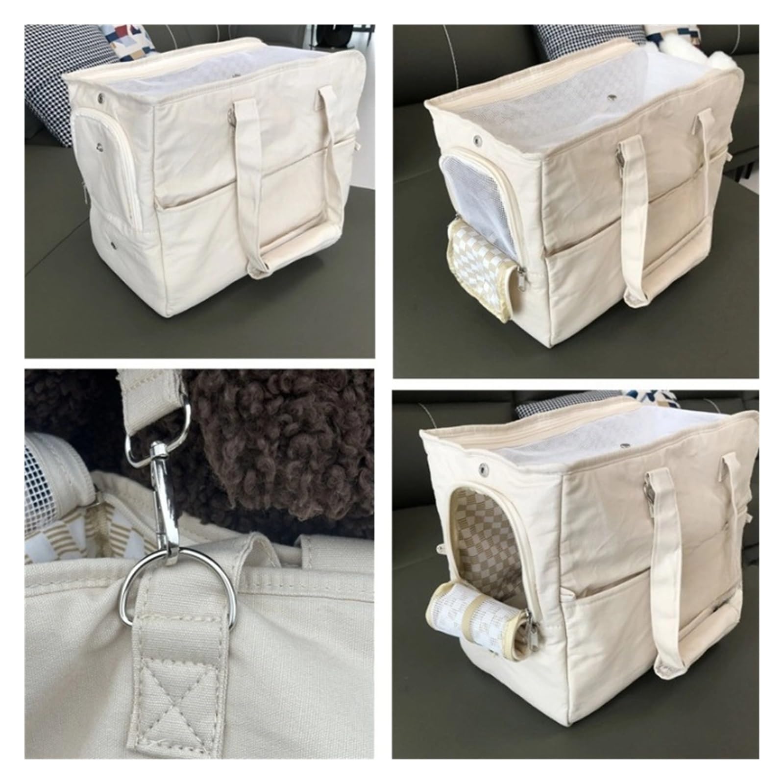 Bolsa portátil de lona para perros, bolsa de hombro para mascotas, gato, asiento de coche, cama, cinturón de seguridad, suministros para perros chihuahua (S8601 beige)