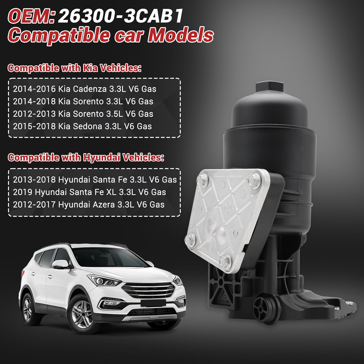 Complete Engine Oil Filter & Housing Assembly Fit for Kia Sedona Cadenza Sorento, Hyundai Santa Fe XL Azera 3.3L 3.5L V6 Engine, Replaces OE 26300-3CAB0 26300-3CAB1
