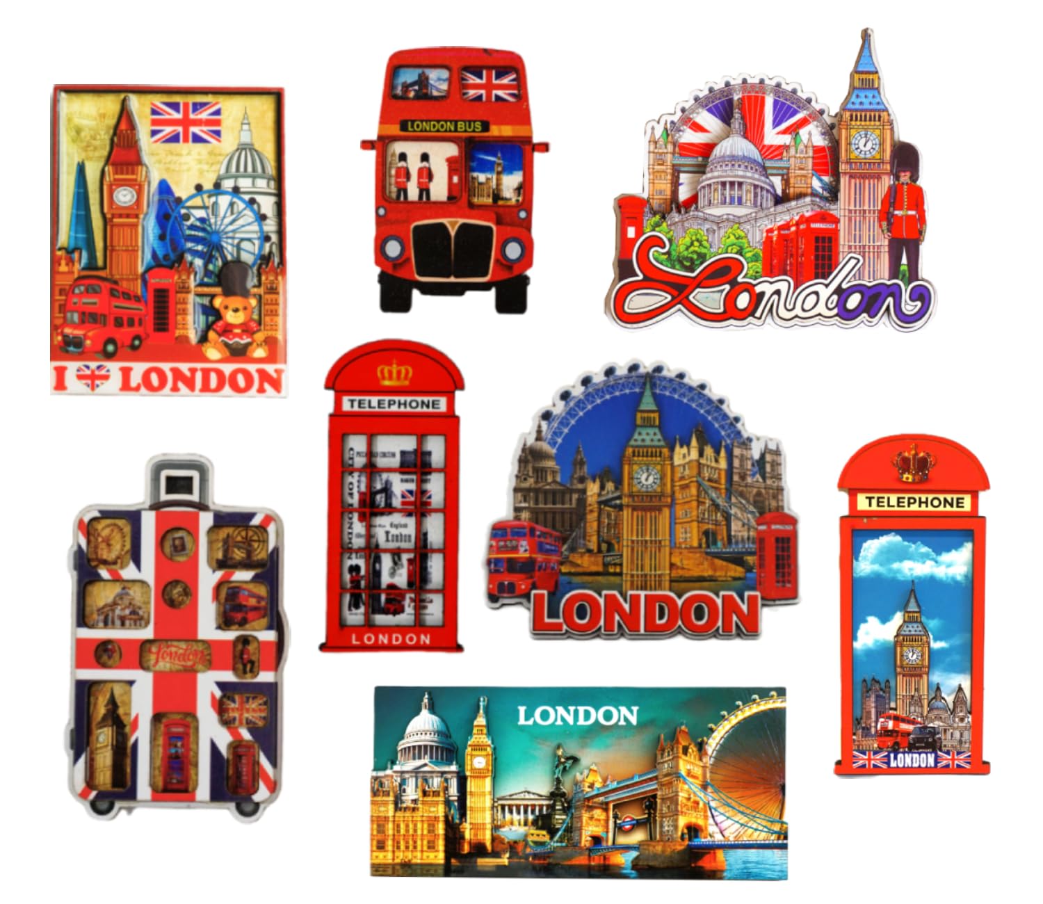 Shoponica Multicolor Set Of 8 London Skyline Design Wooden & Plastic Fridge Magnets (Shoponica)