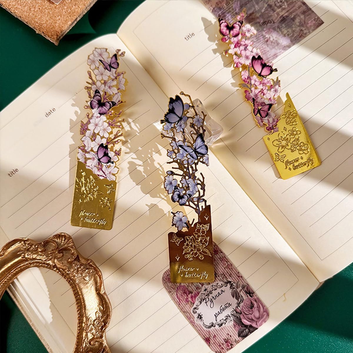 OFIFO® Butterfly Metal Tassel Bookmarks, Set of 4Pcs Butterfly Cutout Embossing Cut-Out Texturted Rose Flower Sunflower Reading Markers with Decorative Post Cards, 1x4 inch