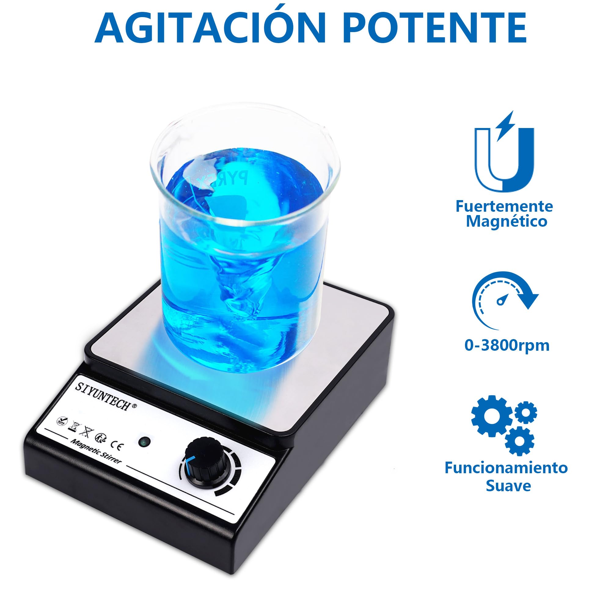Agitador Magnético [2025], Con 4 Varillas Agitadoras Magnéticas & Reciclador de Varillas Agitadoras Magnéticas, Rango de Velocidad 0~3800 rpm, Capacidad Máxima de Mezcla 5000ml