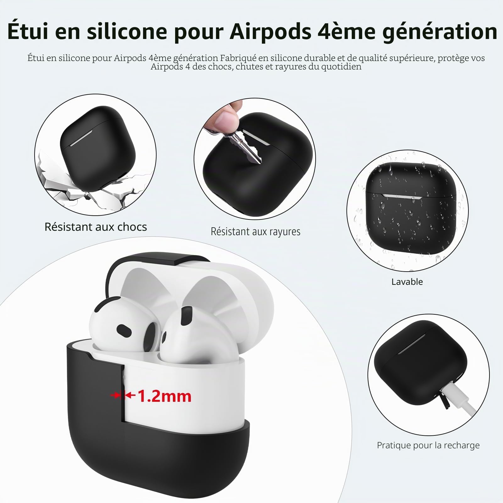 Coque en Silicone Compatible avec AirPods 4 2024, Housse Protecteur pour AirPods 4ᵉ Génération, Étui en Silicone Souple pour Airpods 4, LED Avant Visible (Noir)