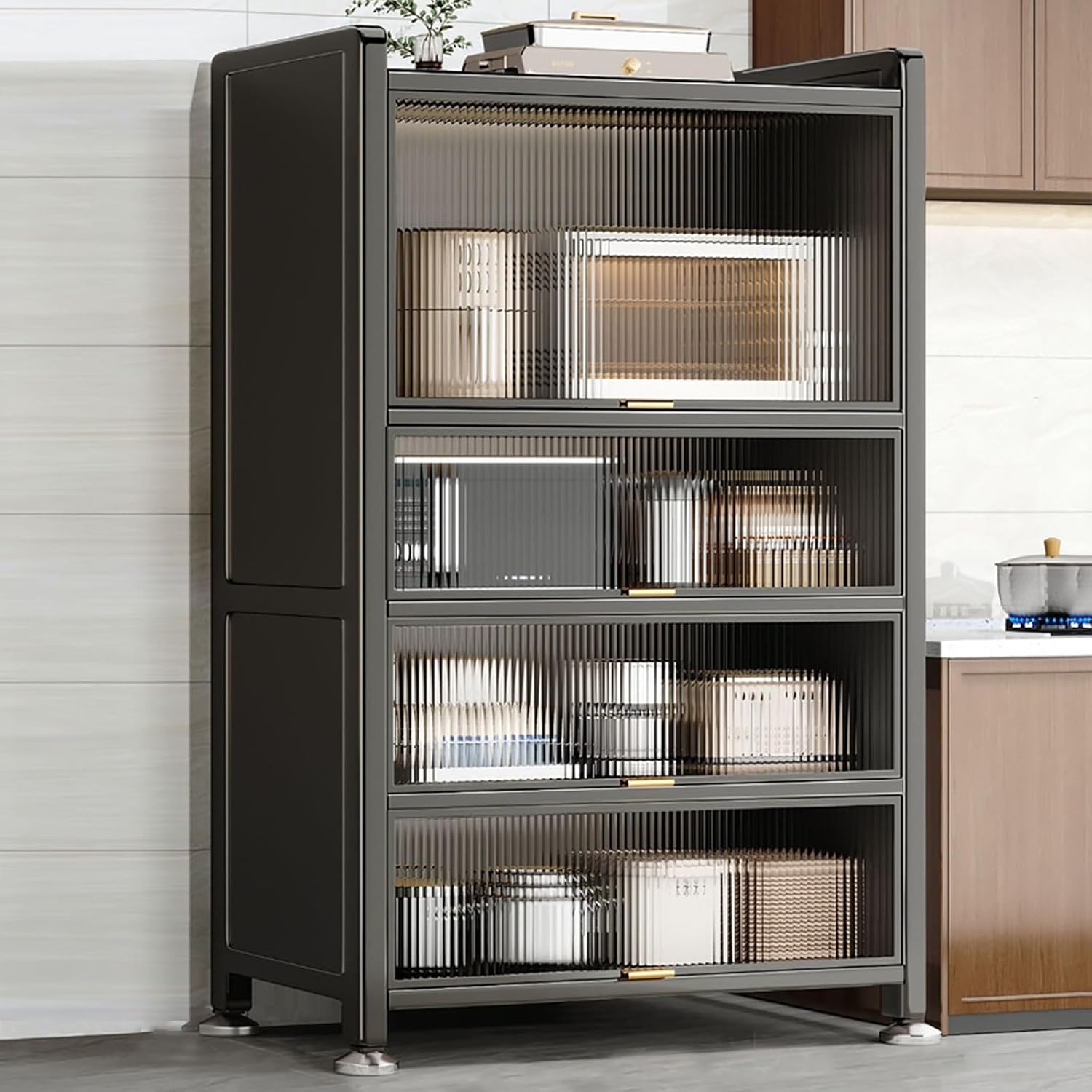 Microwave Stand & Kitchen Storage Cabinet - 4/5-Tier Bakers Rack Organizer with Flip Doors for Coffee Bar Station, Home, Office, Pantry, Garage - Stylish & Functional Design
