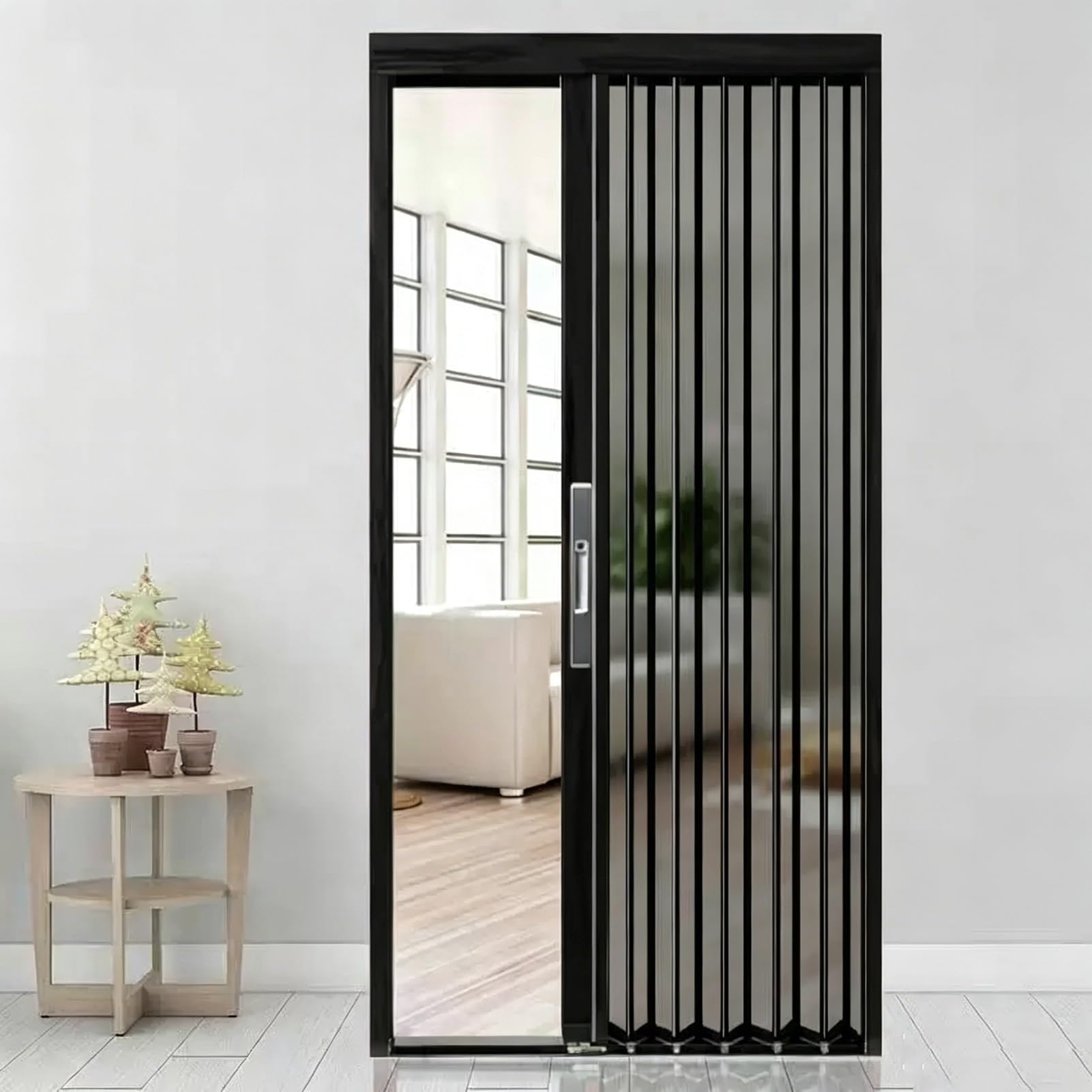 Jievmrs Retractable Accordion Mesh Screen Door Lockable, Ventilated Accordion Folding Door for Doorway, Multifold Gate With Aluminum Alloy Frame & Steel Mesh(57x80in(145x203cm))