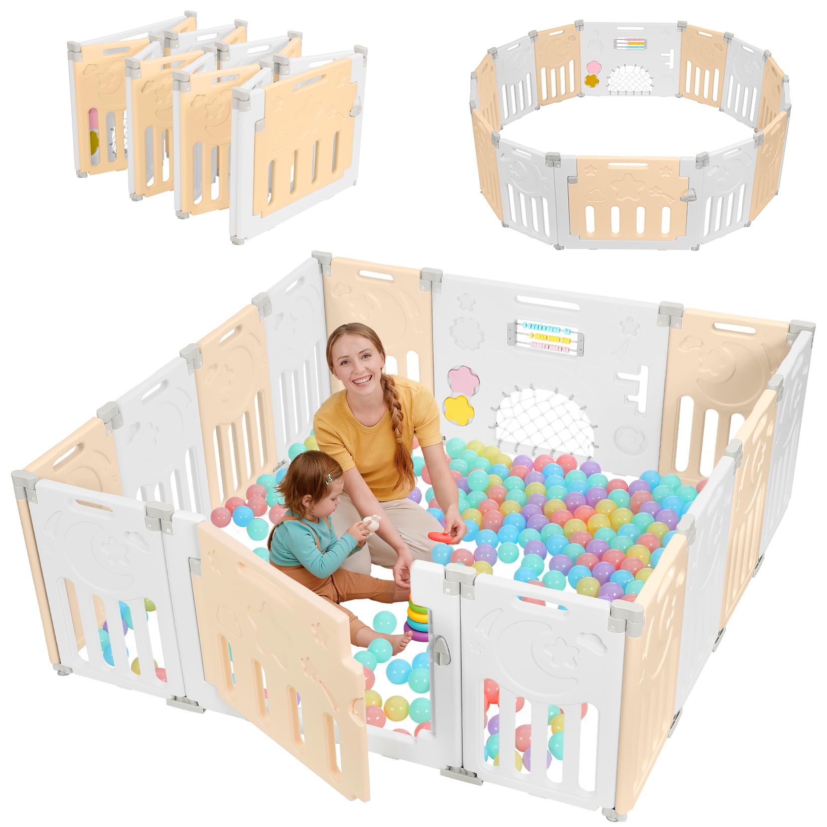 Dripex Laufstall Baby faltbar 150x150x62cm (14 Paneele) mit Spielboard, Laufgitter Baby, Kinderlaufstall & Babyzaun aus strapazierfähigem Plastik, Playpen für Innen & Außen, Gelb