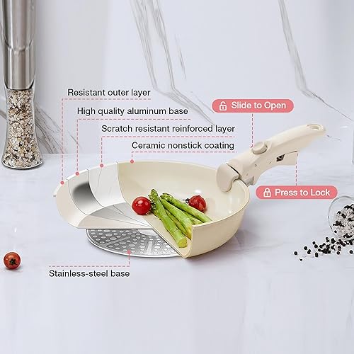 Miniatura 7 de Juego de utensilios de cocina de cerámica antiadherente blanca, juego de 5 piezas con asas desmontables, perfecto para cocinar todos los días,